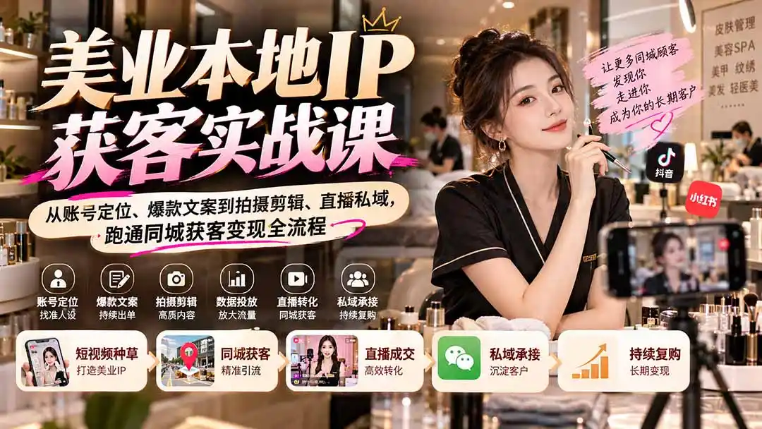 【无水印】美业本地IP获客实战课：从账号定位、爆款文案到拍摄剪辑、直播私域，跑通同城获客变现全流程-北极星资源库