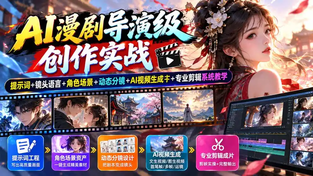 AI漫剧导演级创作实战：提示词+镜头语言+角色场景+动态分镜+AI视频生成+专业剪辑系统教学-北极星资源库