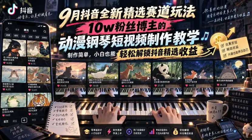 9月抖音全新精选赛道玩法，10w粉丝博主的动漫钢琴短视频制作教学，制作简单，小白也能轻松解锁抖音精选收益-北极星资源库