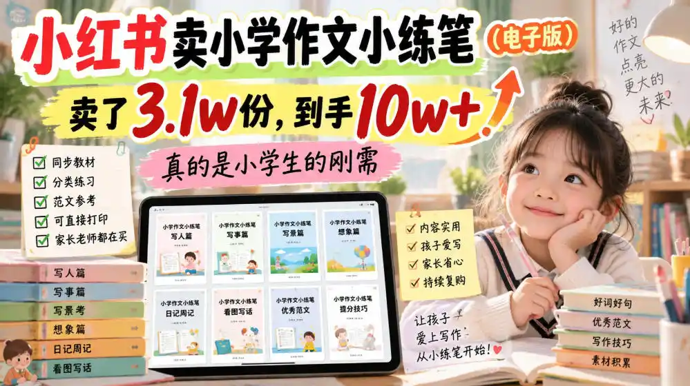 小红书卖小学作文小练笔(电子版)，卖了3.1w份，到手10w+，真的是小学生的刚需-北极星资源库