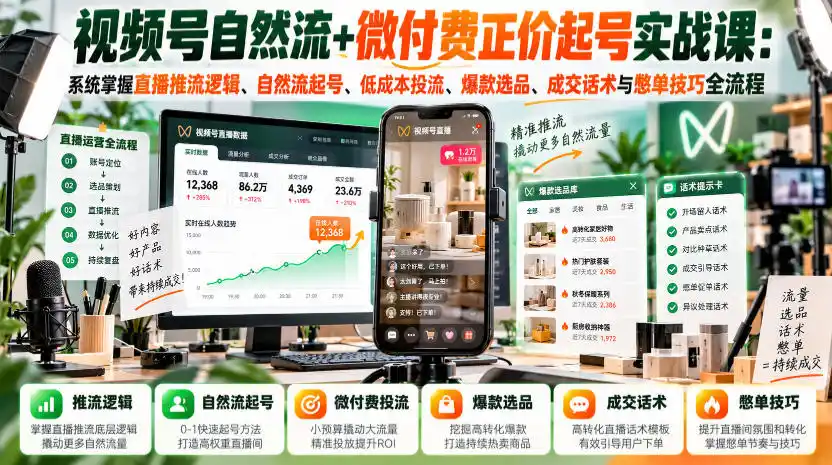 视频号自然流+微付费正价起号实战课:系统掌握直播推流逻辑、自然流起号、低成本投流、爆款选品、成交话术与憋单技巧全流程-北极星资源库