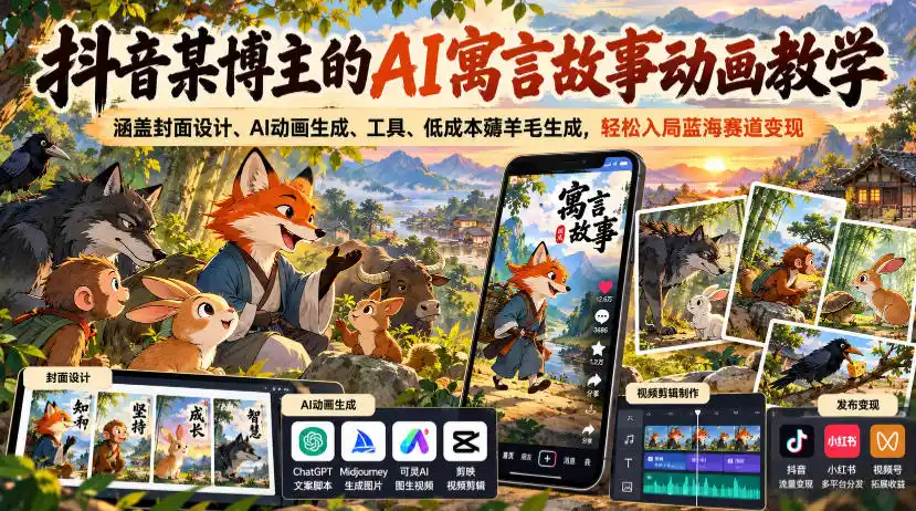 抖音某博主的AI寓言故事动画教学，涵盖封面设计、AI动画生成、工具、低成本薅羊毛生成，轻松入局蓝海赛道变现-北极星资源库