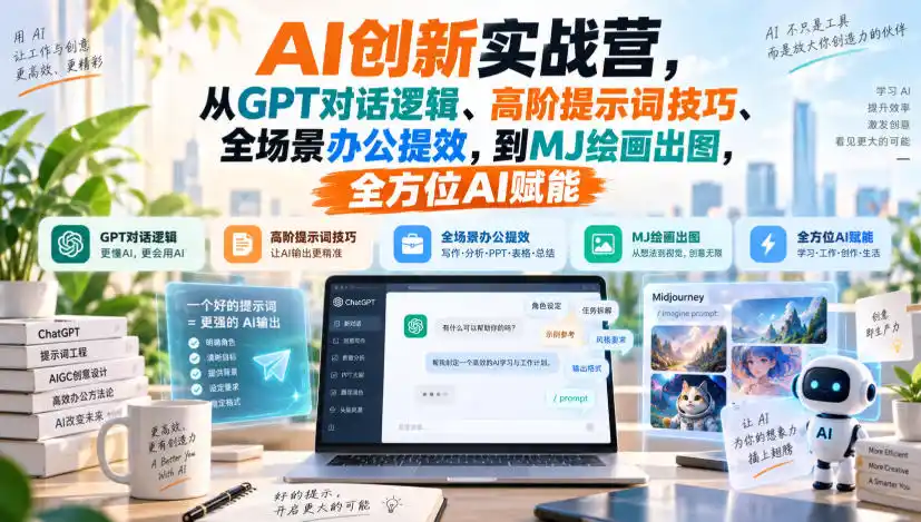 AI创新实战营，从GPT对话逻辑、高阶提示词技巧、全场景办公提效，到MJ绘画出图，全方位AI赋能-北极星资源库