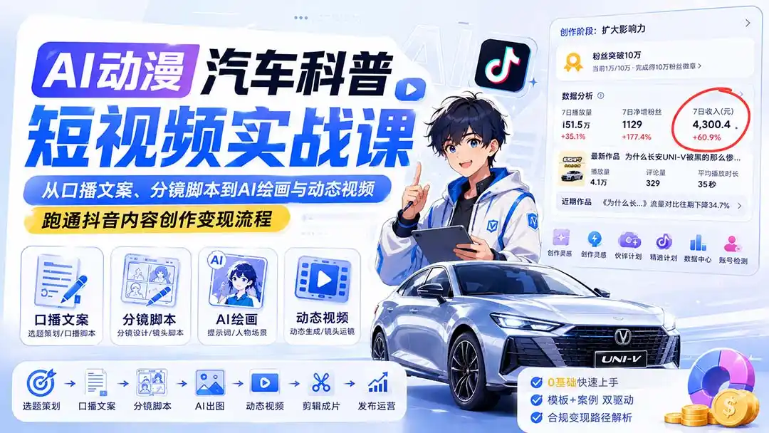 AI动漫汽车科普短视频实战课:从口播文案、分镜脚本到AI绘画与动态视频,跑通抖音内容创作变现流程-北极星资源库