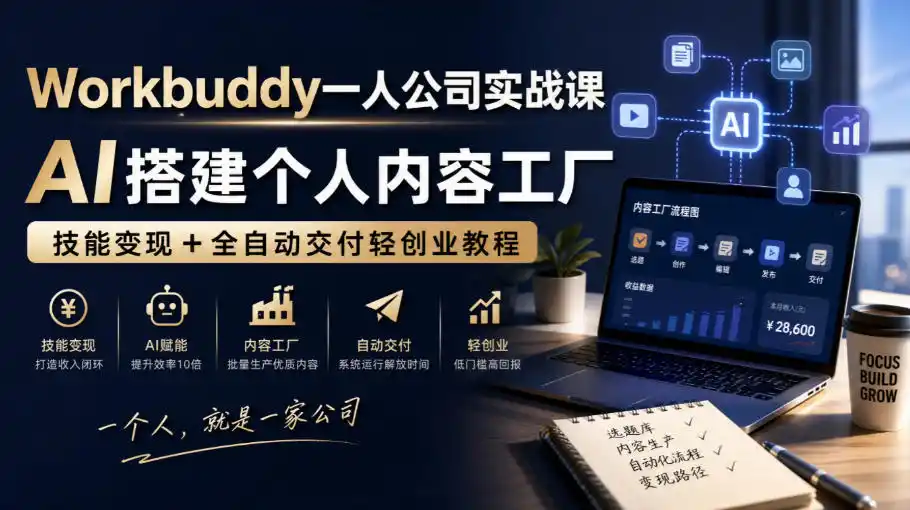 Workbuddy一人公司实战课，AI搭建个人内容工厂，技能变现+全自动交付轻创业教程-北极星资源库