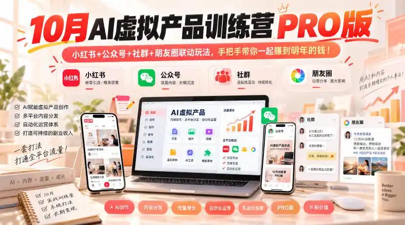 10月AI虚拟产品训练营PRO版,小红书+公众号+社群+朋友圈联动玩法,手把手带你一起赚到明年的钱!-北极星资源库