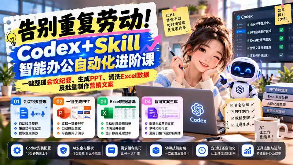 告别重复劳动！Codex+Skill智能办公自动化进阶课：一键整理会议纪要、生成PPT、清洗Excel数据及批量制作营销文案-北极星资源库