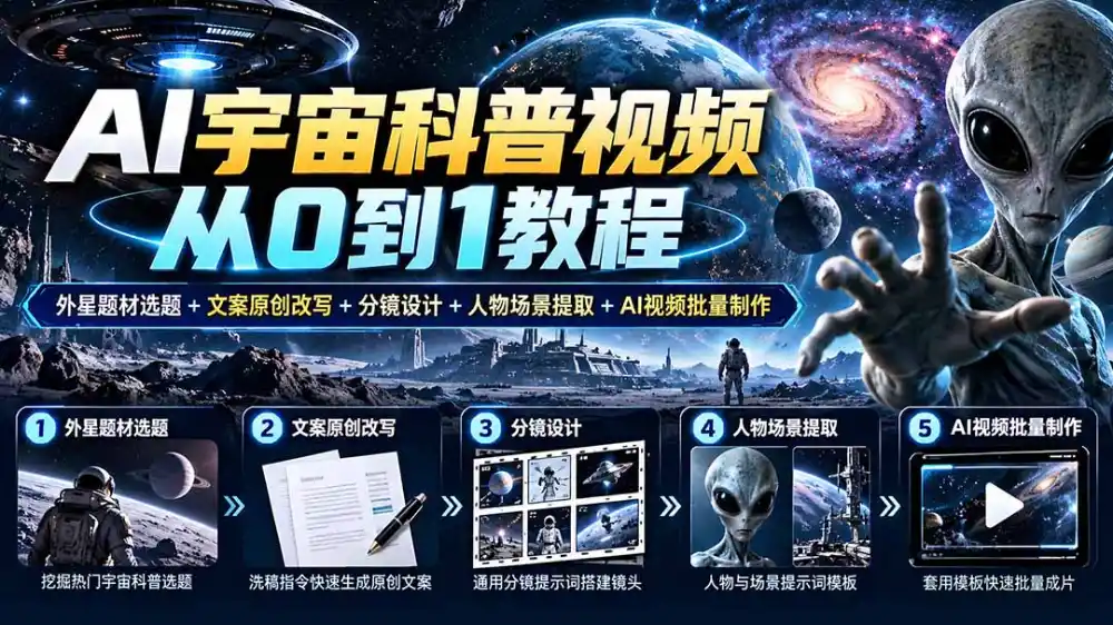 AI宇宙科普视频从0到1教程｜外星题材选题+文案原创改写+分镜设计+人物场景提取+AI视频批量制作-北极星资源库