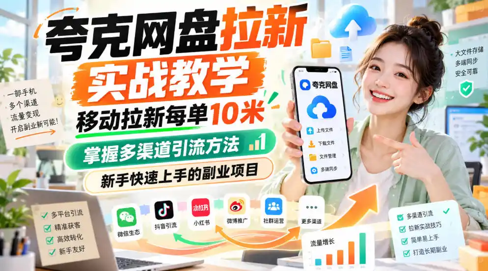 夸克网盘拉新实战教学，移动拉新每单10米，掌握多渠道引流方法，新手快速上手的副业项目(更新0929)-北极星资源库