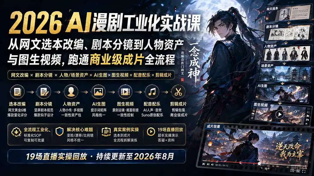2026 AI漫剧工业化实战课-更新：从网文选本改编、剧本分镜到人物资产与图生视频，跑通商业级成片全流程-北极星资源库