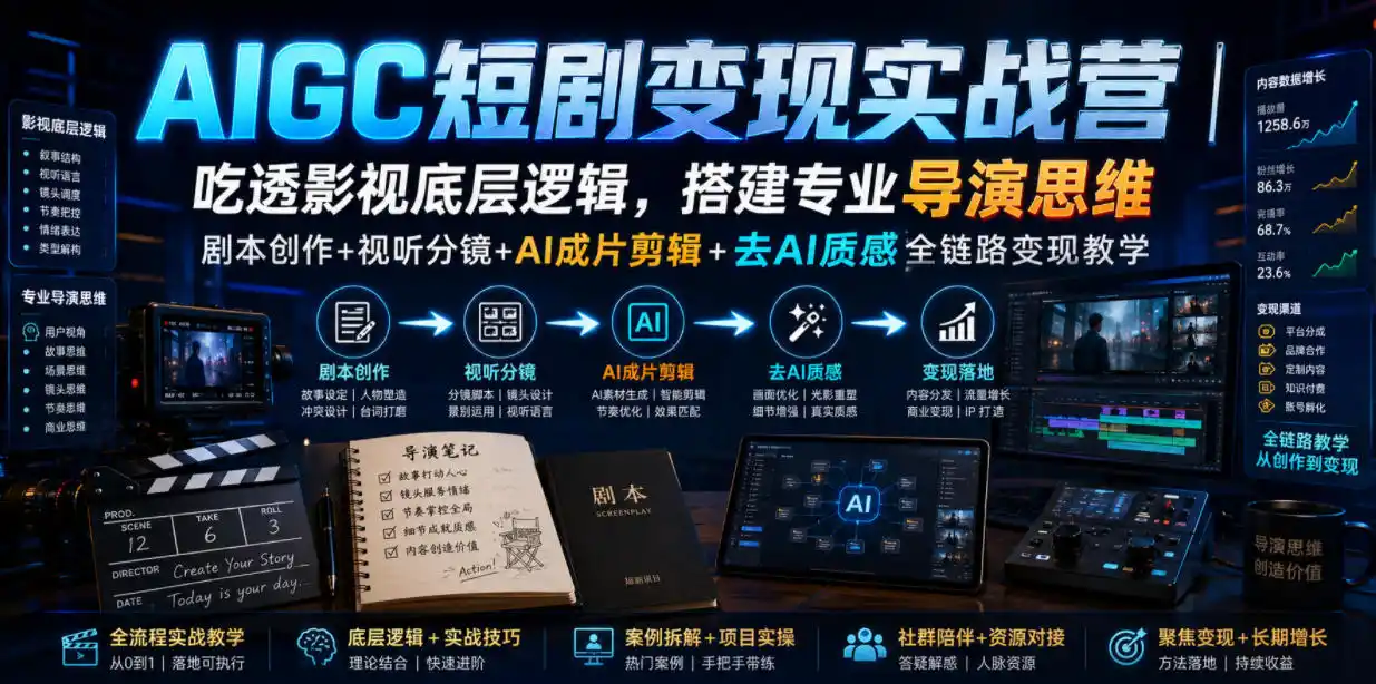 AIGC短剧变现实战营｜吃透影视底层逻辑，搭建专业导演思维，剧本创作+视听分镜+AI成片剪辑+去AI质感全链路变现教学-北极星资源库