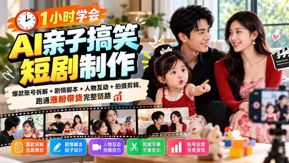 1小时学会AI亲子搞笑短剧制作：爆款账号拆解+剧情脚本+人物互动+拍摄剪辑，跑通涨粉带货完整链路-北极星资源库