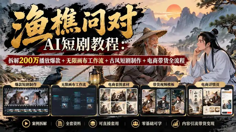 【无水印】渔樵问对AI短剧教程：拆解200万播放爆款+无限画布工作流+古风短剧制作+电商带货全流程-北极星资源库
