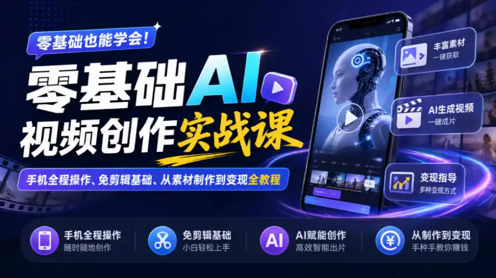 零基础AI视频创作实战课｜手机全程操作、免剪辑基础、从素材制作到变现全教程-北极星资源库