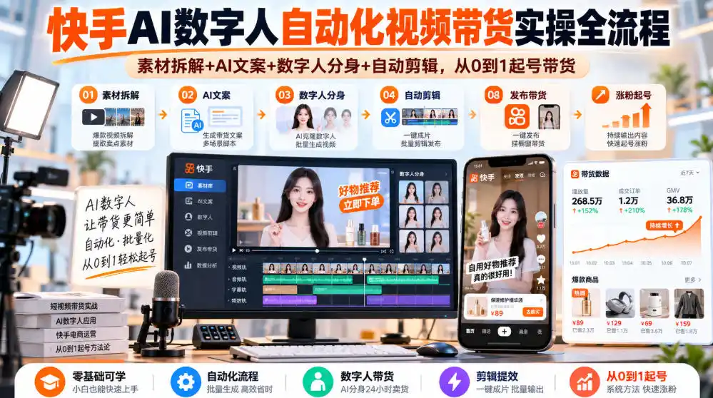 快手AI数字人自动化视频带货实操全流程｜素材拆解+AI文案+数字人分身+自动剪辑，从0到1起号带货(更新26年)-北极星资源库