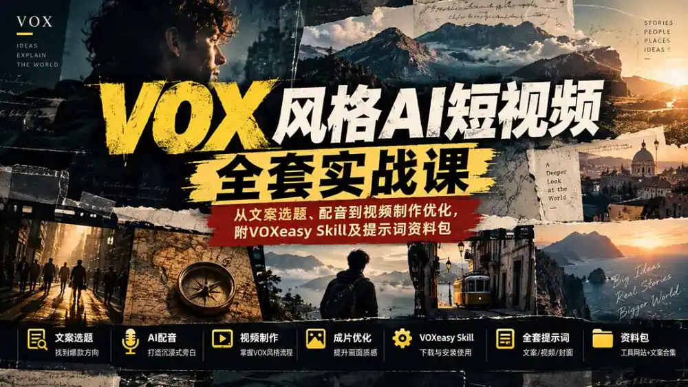 【无水印】VOX风格AI短视频全套实战课：从文案选题、配音到视频制作优化，附VOXeasy Skill及提示词资料包-北极星资源库