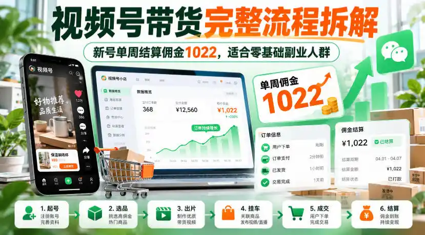 视频号带货完整流程拆解,新号单周结算佣金1022,适合零基础副业人群-北极星资源库