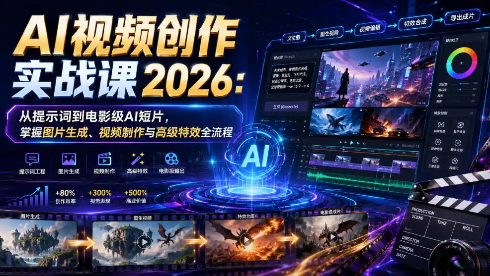 AI视频创作实战课2026：从提示词到电影级AI短片，掌握图片生成、视频制作与高级特效全流程-北极星资源库