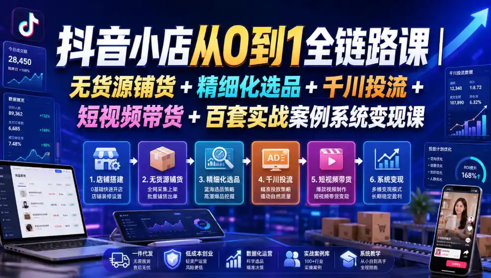 抖音小店从0到1全链路课｜无货源铺货+精细化选品+千川投流+短视频带货+百套实战案例系统变现课(2026年7月更新)-北极星资源库