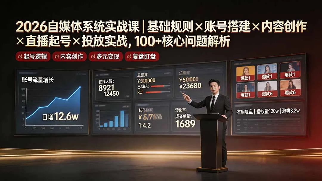 2026自媒体系统实战课|基础规则×账号搭建×内容创作×直播起号×投放实战,100+核心问题解析-北极星资源库