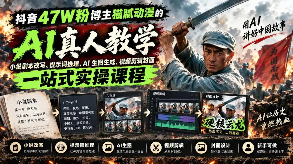 抖音47W粉博主猫腻动漫的AI真人漫剧教学，小说剧本改写、提示词推理、AI生图生成、视频剪辑封面一站式实操课程-北极星资源库
