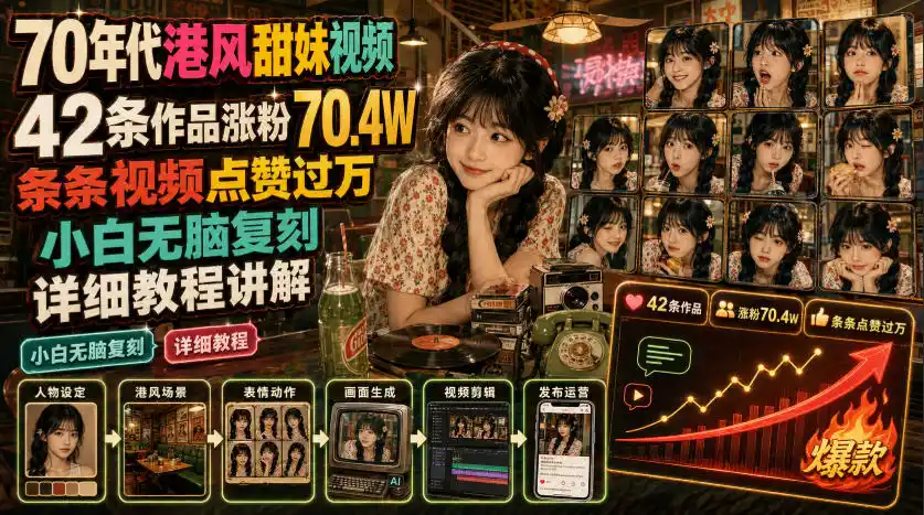 70年代港风甜妹视频，42条作品涨粉70.4W，条条视频点赞过万，小白无脑复刻，详细教程讲解-北极星资源库