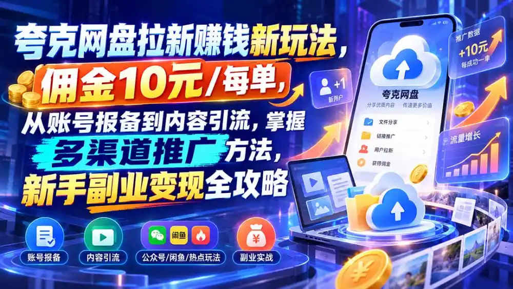 夸克网盘拉新赚钱新玩法，佣金10元/每单，从账号报备到内容引流，掌握多渠道推广方法，新手副业变现全攻略-北极星资源库