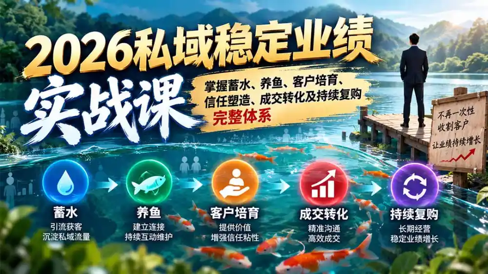 2026私域稳定业绩实战课：掌握蓄水、养鱼、客户培育、信任塑造、成交转化及持续复购完整体系-北极星资源库