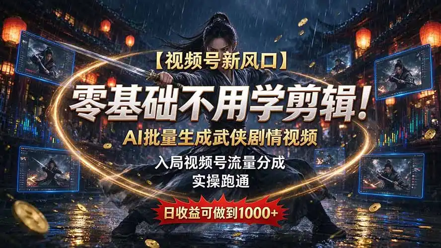 【视频号新风口】零基础不用学剪辑！AI 批量生成武侠剧情视频，入局视频号流量分成，实操跑通，日收益可做到 1000+-北极星资源库