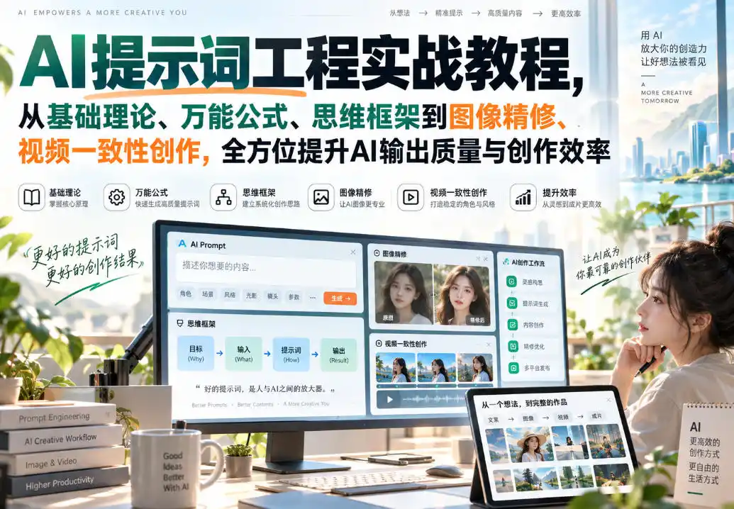 AI提示词工程实战教程，从基础理论、万能公式、思维框架到图像精修、视频一致性创作，全方位提升AI输出质量与创作效率-北极星资源库