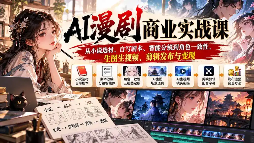 AI漫剧商业实战课：从小说选材、自写剧本、智能分镜到角色一致性、生图生视频、剪辑发布与变现-北极星资源库