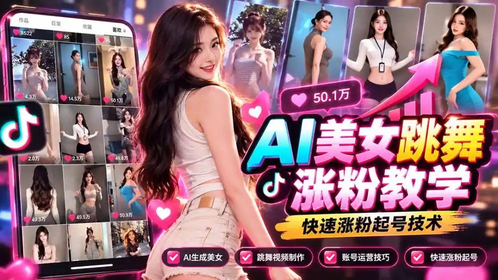 AI美女跳舞涨粉教学，AI生成美女，跳舞视频制作，账号运营与快速起号涨粉-北极星资源库