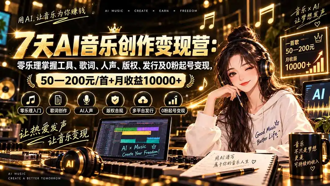 AI音乐创作变现营：零乐理掌握工具、歌词、人声、版权、发行及0粉起号变现，50—200元/首+月收益10000+-北极星资源库