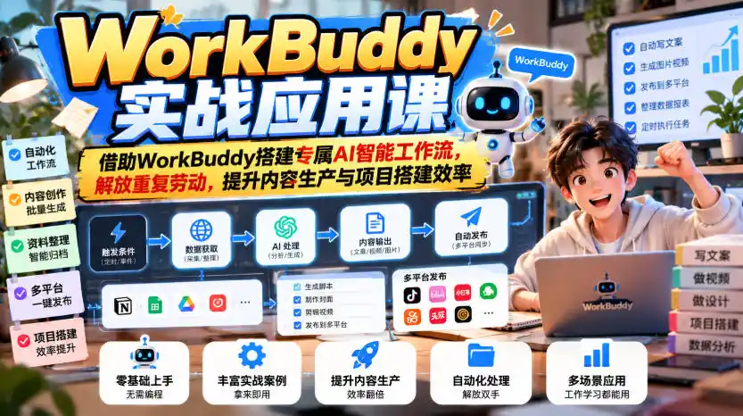 WorkBuddy实战应用课，借助WorkBuddy搭建专属AI智能工作流，解放重复劳动，提升内容生产与项目搭建效率-北极星资源库