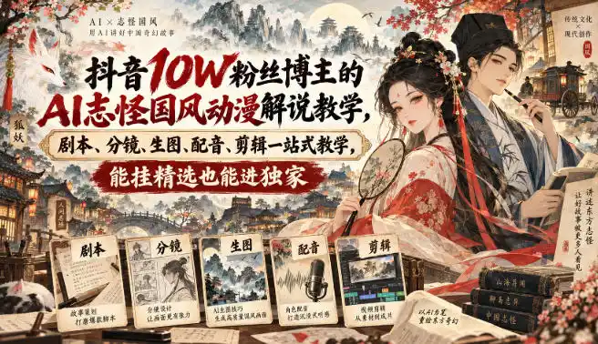 抖音10W粉丝博主满堂诡事的AI志怪国风动漫解说教学，剧本、分镜、生图、配音、剪辑一站式教学，能挂精选也能进独家-北极星资源库