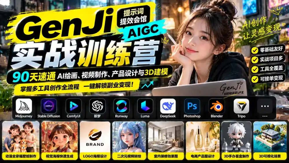 GenJi AIGC实战训练营：90天速通AI绘画、视频制作、产品设计与3D建模，掌握多工具创作全流程-北极星资源库