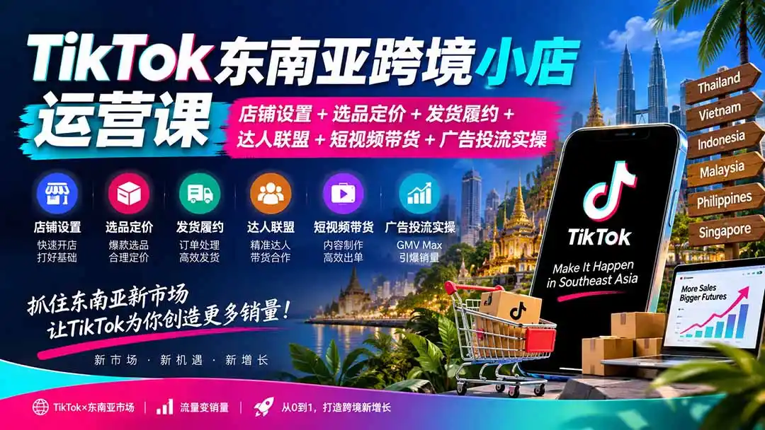 TikTok东南亚跨境小店运营课：店铺设置+选品定价+发货履约+达人联盟+短视频带货+广告投流实操-北极星资源库
