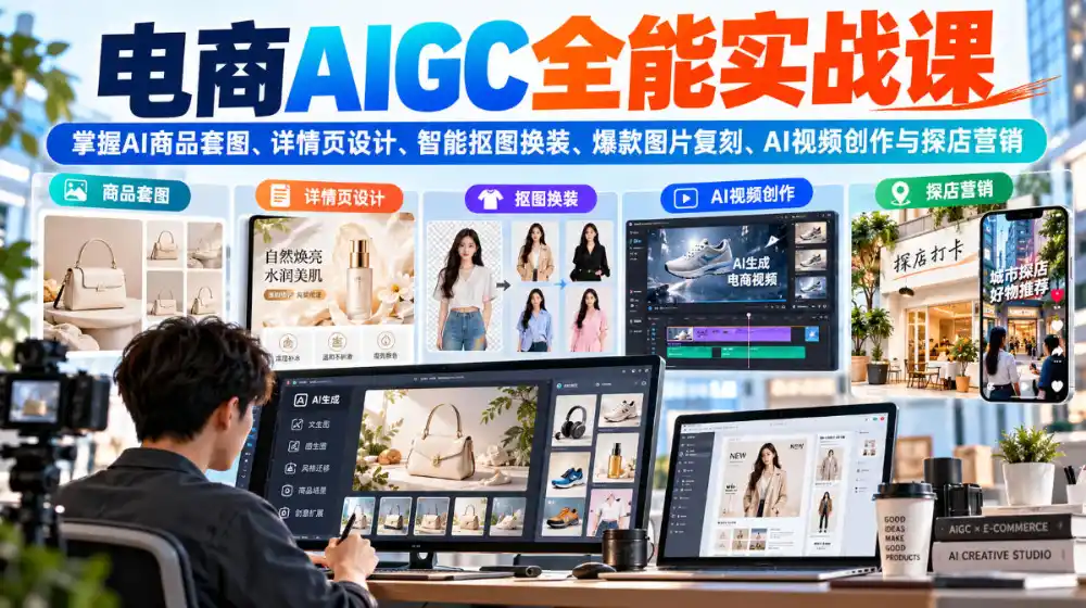 电商AIGC全能实战课：掌握AI商品套图、详情页设计、智能抠图换装、爆款图片复刻、AI视频创作与探店营销-北极星资源库