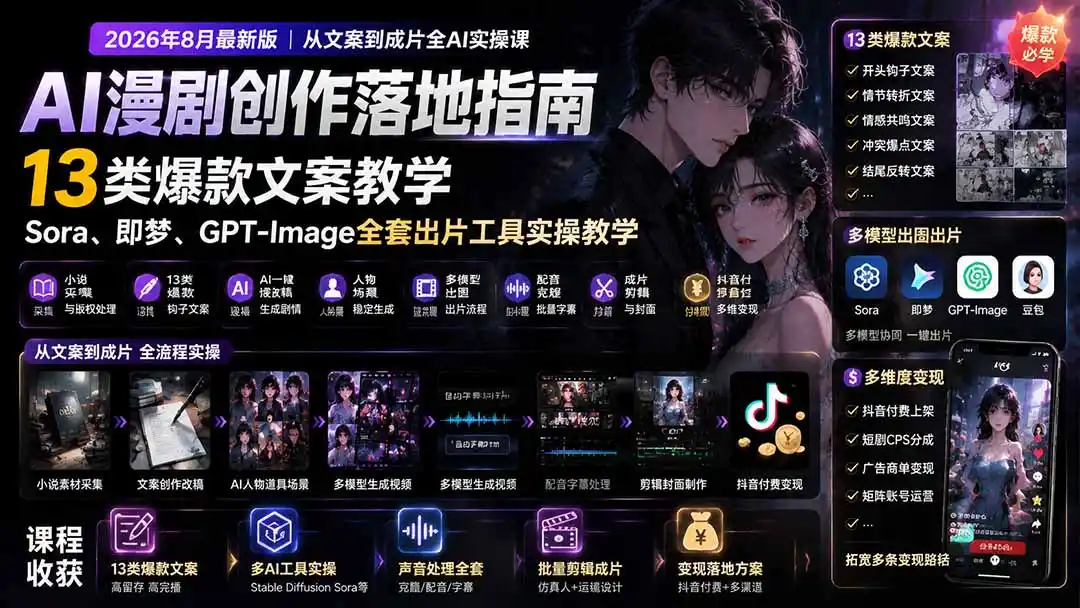 AI漫剧创作落地指南｜13类爆款文案教学，Sora、即梦、GPT-Image全套出片工具实操教学-北极星资源库