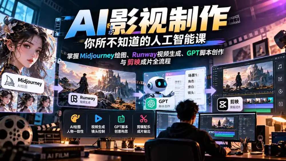 【无水印】AI影视制作-你所不知道的人工智能课，掌握Midjourney绘图、Runway视频生成、GPT脚本创作与剪映成片全流程-北极星资源库