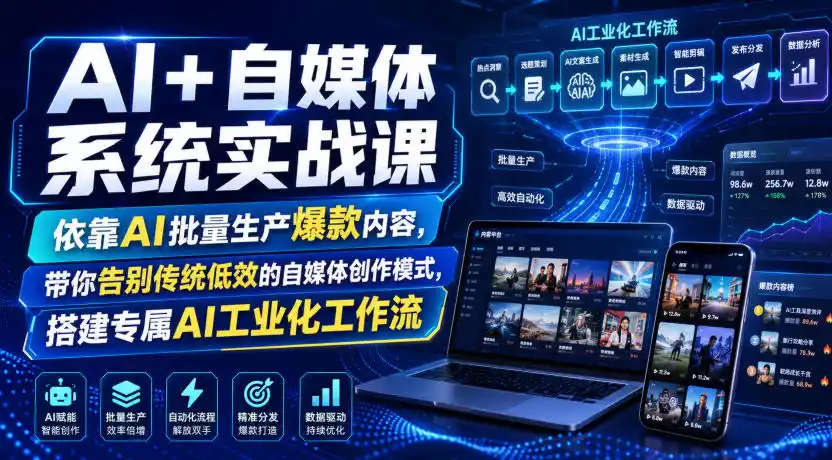 AI+自媒体系统实战课，依靠AI批量生产爆款内容，带你告别传统低效的自媒体创作模式，搭建专属AI工业化工作流-北极星资源库