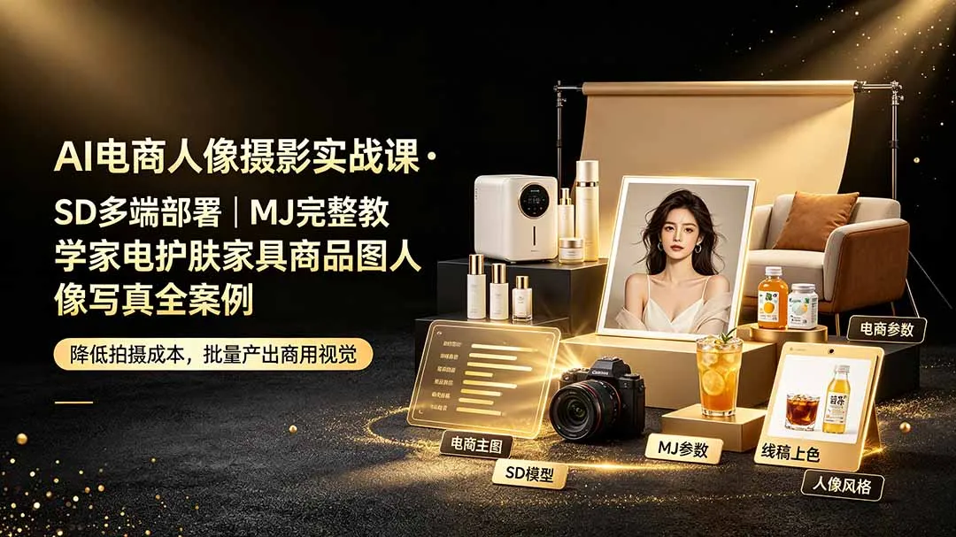 AI电商人像摄影实战课·SD多端部署｜MJ完整教学｜家电护肤家具商品图人像写真全案例-北极星资源库