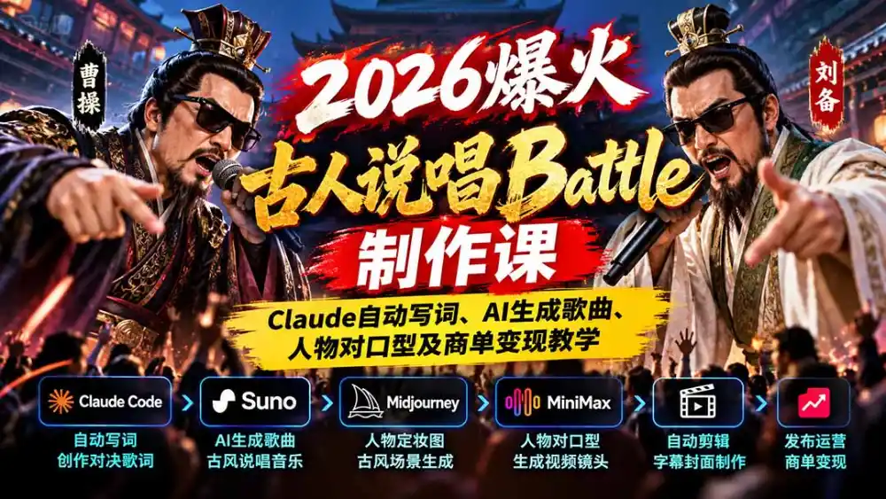 2026爆火古人说唱Battle制作课：Claude自动写词、AI生成歌曲、人物对口型及商单变现教学-北极星资源库
