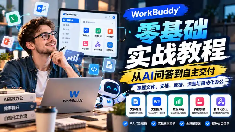 WorkBuddy零基础实战教程：从AI问答到自主交付，掌握文件、文档、数据、运营与自动化办公-北极星资源库