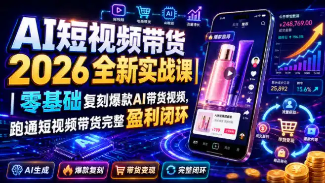 AI短视频带货2026全新实战课｜零基础复刻爆款AI带货视频，跑通短视频带货完整盈利闭环-北极星资源库