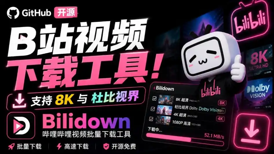 Github开源B站视频下载工具！支持8K与杜比视界的哔哩哔哩视频批量下载工具，简单易用Bilidown-北极星资源库