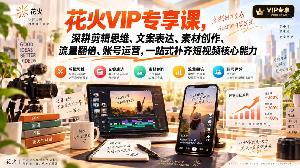 花火VIP专享课，深耕剪辑思维、文案表达、素材创作、流量翻倍、账号运营，一站式补齐短视频核心能力-北极星资源库