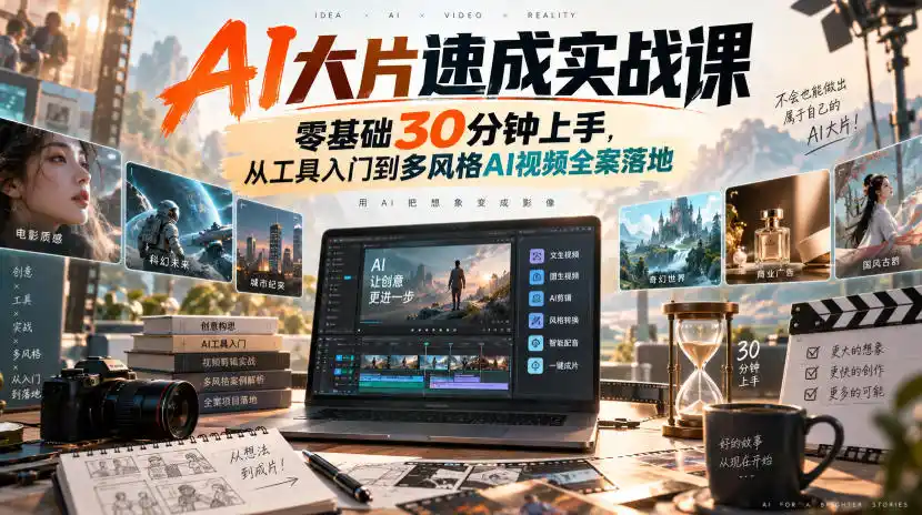 AI大片速成实战课｜零基础30分钟上手，从工具入门到多风格AI视频全案落地-北极星资源库