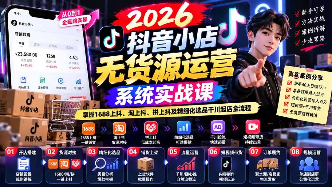 【无水印】2026抖音小店无货源运营系统实战课：掌握1688上抖、淘上抖、拼上抖及精细化选品千川起店全流程-北极星资源库