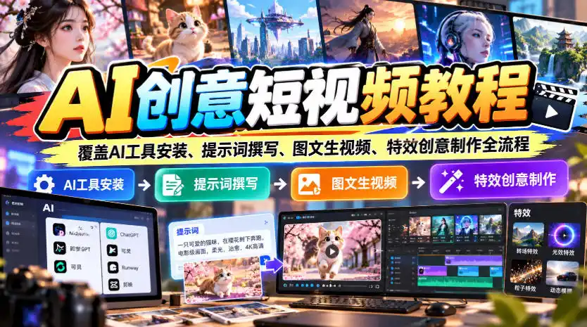 AI创意短视频教程，覆盖AI工具安装、提示词撰写、图文生视频、特效创意制作全流程-北极星资源库